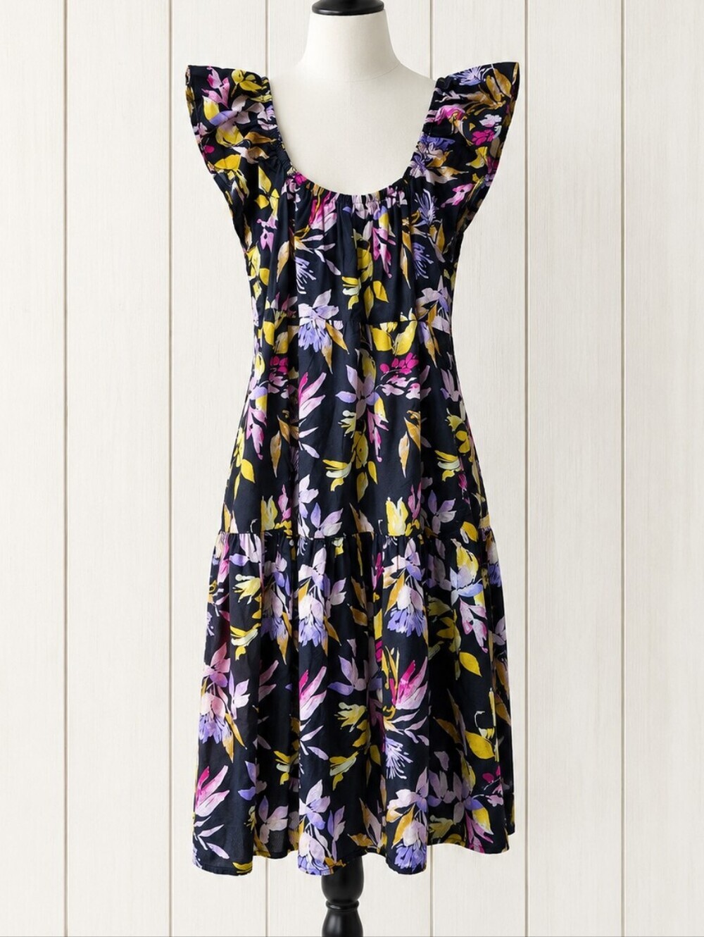 Floral Flutter Sleeve Sundress Medium 8-10 Black 100% Cotton Forest Fairy Casual